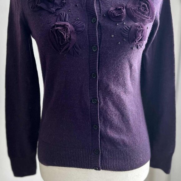 Banana Republic Rosettes & Sequins Embellished Deep Grape Merino Cardigan – US S - Picture 4 of 11